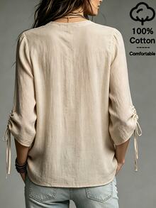 SHEIN Solid Color Distressed Texture V-Neck Button-Front Long Sleeve Shirt For Women, Single-Breasted Front, Shoulder Pleat Detail, Drawstring Cuffs To Shorten To Mid-Sleeve, Slim Fit, Minimalist Commuter Outerwear Blouse - Khaki - View 2