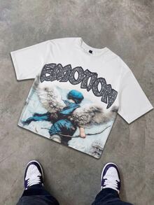 ROMWE MEN Street Life Teen Boy Letter & Angel Graphic Casual Everyday Short Sleeve T-Shirt - White - View 6