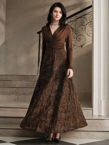 Anewsta Women's Elegant V-Neck Sequin Lace Maxi Dress - Brown - View 6