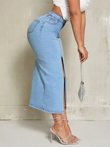 SHEIN SXY 女款高腰口袋開衩休閒牛仔裙 - 淺色水洗藍 - 查看 7