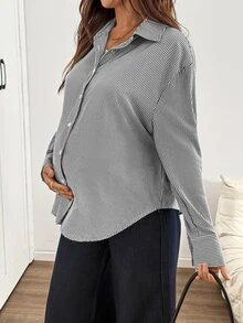 SHEIN 孕婦條紋休閒百搭日常穿著襯衫 - 黑與白 - 查看 4