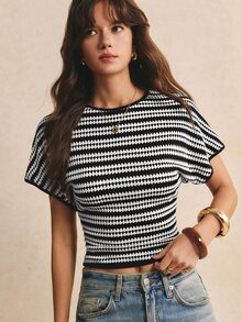 Poéselle 女款時尚條紋拼色圓領T恤 極簡風 - 黑與白 - 查看 3