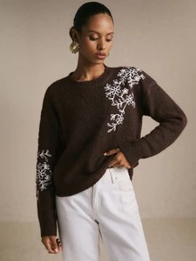 Poéselle Women's Brown Floral Embroidered Fuzzy Knit Sweater Soft Cozy Crewneck Long Sleeve Pullover Fall Christmas Everyday French Elegant Romantic Brunch - Brown - View 7