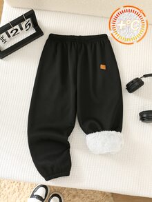 SHEIN 男童休閒學院風加厚保暖內裡運動長褲，適合通勤、上學與日常休閒穿著 - 黑色 - 查看 4