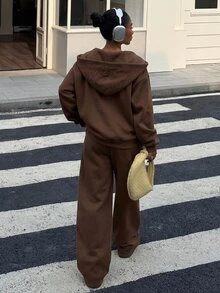 Muchica Bộ áo nỉ rộng casual màu nâu chocolate và vàng kem mới cho mùa thu - Màu nâu Sô-cô-la - Xem 2