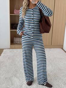 Solavibe Plus Size White Stripe Knit Set, High Waist Wide Leg Pants For Autumn Travel Date Formal Office Vacation, Matching Two Pieces Set, Casual Tropical - Yellow - View 9