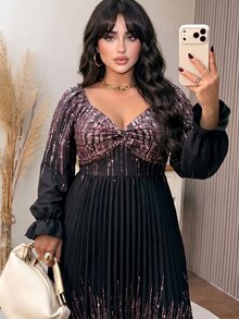 Modelyn Plus Size Women's Elegant Cinched Waist Twisted Bust Pleated Hem Printed Long Sleeve Dress, Suitable For Spring And Autumn Daily Wear And Dating - Multicolor - View 4