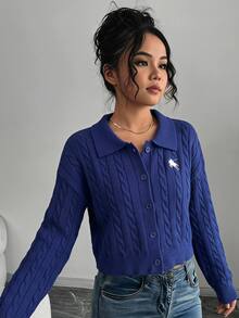 SHEIN Tween Girl 小女孩 Pony Logo 翻領針織開襟衫，適合室內、戶外、休閒出遊、海灘度假、派對等場合，舒適百搭柔軟 - 藏蓝色 - 查看 2