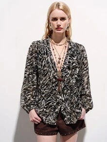 Aveloria Modichic 秋冬黑色斑馬紋百褶女式襯衫，層次荷葉邊下擺，泡泡袖設計，復古優雅波希米亞法式風，適合約會、早午餐、夜晚場合 - 彩色 - 查看 4