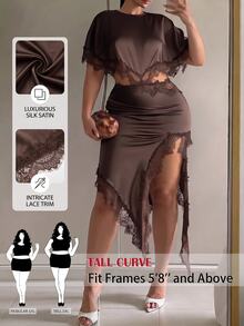 SHEIN Tall CURVE Plus Size Sexy Lace Patchwork Cutout Bodycon Dress - Coffee Brown - View 7