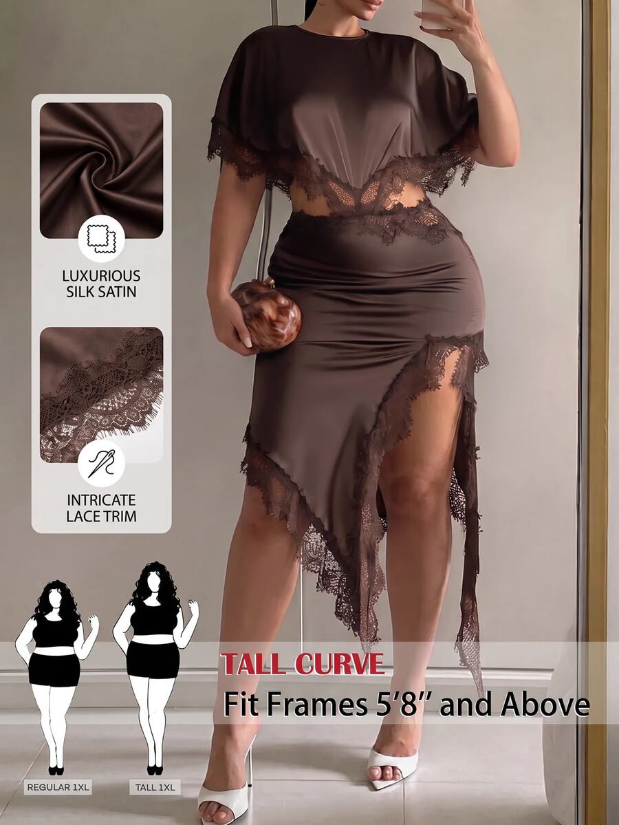 SHEIN Tall CURVE Plus Size Sexy Lace Patchwork Cutout Bodycon Dress - Coffee Brown - View 1