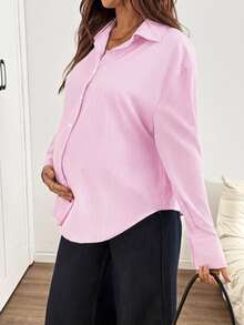 SHEIN Maternity Versatile Striped Single-Breasted Long Sleeve Shirt Fall - Pink - View 4