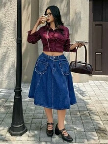 Rivivi 大尺碼女款鈕扣休閒日常牛仔迷你裙 - 藍色 - 查看 6