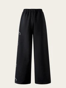 SHEIN 青少年女孩休閒高級質感寬腿口袋長褲，夏季款 - 黑色 - 查看 2