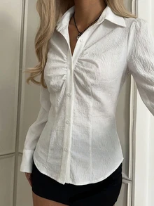 SHEIN EZwear 女款素色百褶休閒百搭日常出遊襯衫 - 彩色 - 查看 3