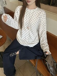 DAZY 拼接休閒直筒圖案印花青少年女款T恤上衣 秋季 - 白色 - 查看 3
