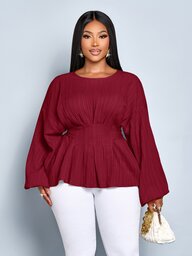 SOLERSUN Women's Plus Size Fashion Solid Color Loose Casual Outing Deep Pleated Bat Sleeve Long Sleeved Shirt Loose Casual Shirt Tops,Crop Tie Back Blouse Women's Solid Color Round Neck Belted Long Sleeve Blouse Autumn/Winter Women Clothes