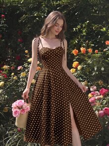 SHEIN MOD 女款波點拼接設計休閒派對洋裝，細肩帶 - 棕色 - 查看 4