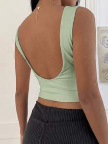 SHEIN EZwear 春夏薄荷綠加厚露背短版背心上衣 - 薄荷綠 - 查看 2