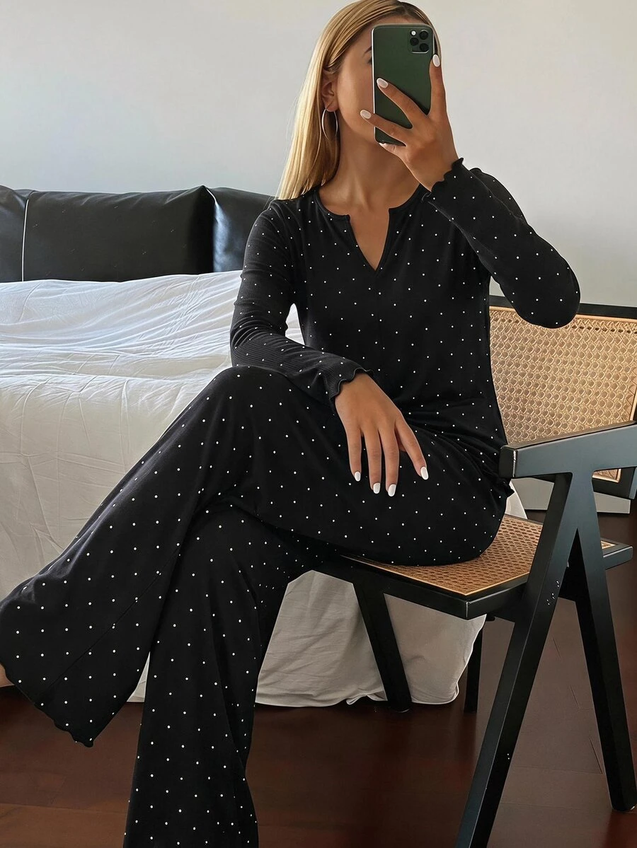 DAZY 2pcs Polka Dot Print Short Sleeve V-Neck T-Shirt & Loose Straight Long Pants Pajama Set, Summer Wear For Women - Black - View 1