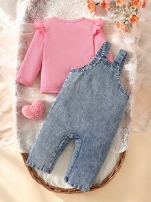SHEIN 嬰兒女童純色套頭長袖上衣與3D兔子裝飾無袖吊帶連身褲T恤套裝 - 粉色 - 查看 9