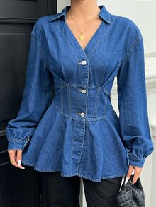 Siren Gaze Women's Autumn Fashion Waist-Cinching Denim Top, Fall Winter Casual Elegant V-Neck Blouse, Office, Commuter, Vacation, Formal Wear, Sexy Top, Cute. - Blue - View 3