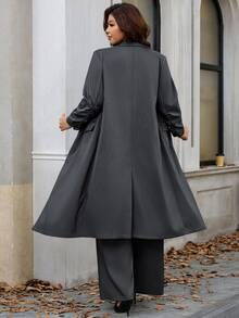 Chikora Plus Size Women Solid Color Long Sleeve Jacket And Pants Casual Commute Suit Set - Dark Grey - View 3