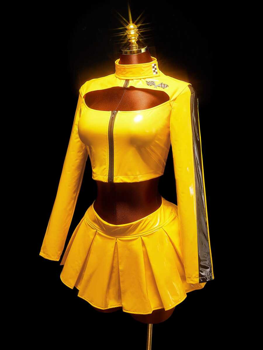 Amplova Yellow And Black Halloween Party Event - Cute Cosplayer Outfit Featuring Racing Elements For Ladies - Yellow - View 1