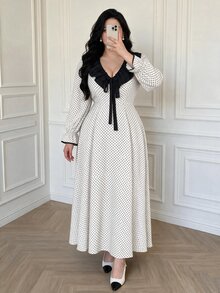 Vibekara New Elegant Fashion Minimalist Commuter Style Contrast Color Wide Ruffle Collar Puff Long Sleeve Dress, Vacation Polka Dot Element Patchwork Contrast Color Dress - Multicolor - View 6