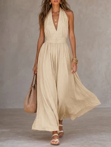 Solivie Women's Solid Color Pleated Casual Party Summer Dress - Apricot - View 5