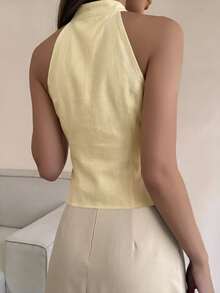 Cévolie 女款蝴蝶結裝飾修身鈕扣掛脖上衣，淡黃色夏季浪漫優雅，適合早午餐與度假 - 淡黃色 - 查看 2