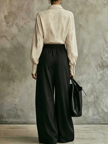 SHEIN Conjunto Feminino Casual Minimalista de 2 Peças para Trabalho, Rua e Dia a Dia, Top Damasco com Abertura Frontal de Botões, Design de Cintura com Amarração, Manga Longa, Top Curta, Calça Preta Perna Larga com Cintura Elástica, Estilo Versátil e Combinável, Tecido Confortável, Design Exclusivo, para Primavera, Outono, Inverno, Festival da Primavera, Feriados, Passeios, Viagens, Encontros com Amigas, Casa, Compras, Lazer e Mais - Multicolorido - Visão 2