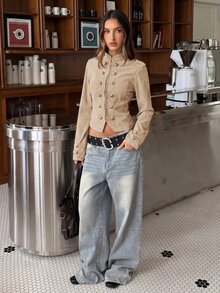 Muchica Vintage Retro Beige Corduroy Double Breasted Jacket – Autumn Casual Elegant Festival Vacation Outerwear For Women, Holiday Night Outfit Everyday - Apricot - View 6