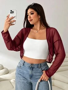 Solflare Casual Safari Burgundy Plus Size Lightweight Sheer Mesh Long Jacket With Raglan Sleeves, Suitable For Outdoor Family Vacation Office, Daily, Autumn - Burgundy - View 6