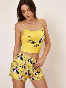 LOONEY TUNES X SHEIN 女款細肩帶上衣與短褲睡衣套裝 - 黃色 - 查看 5