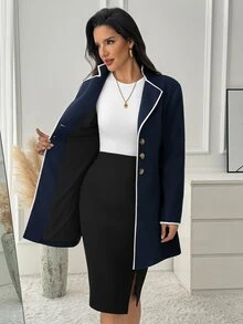 Medorina Mantel Wanita Bergaya Colorblock, Elegan, Preppy, Serbaguna untuk Pemakaian Sehari-hari, Kantor, Biru Tua, Musim Gugur - Navy Blue - View 3