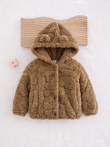 SHEIN Babygirl Fluffy Cute Khaki Hooded Jacket, Versatile Autumn/Winter Style - Khaki - View 4