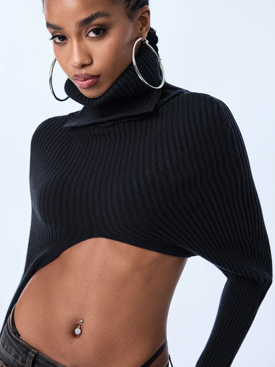 Y2Kool Top de punto corto ultra sexy gótico Y2K baddie casual callejero punk oscuro para mujer con manga larga tipo chal, adecuado para verano, otoño, fiesta, vacaciones en la isla, festival de música, festival de música electrónica, atuendo diario de Halloween - Negro - Ver 1