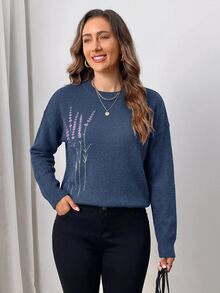 Miaspire 女款植物圖案圓領落肩長袖休閒毛衣 - 水藍色 - 查看 4