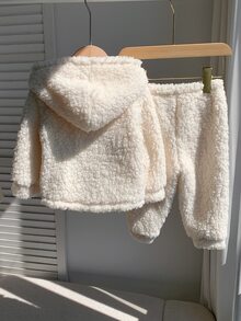 SHEIN 男嬰可愛休閒秋冬米色毛絨連帽衛衣與鬆緊腰長褲套裝 - 彩色 - 查看 2