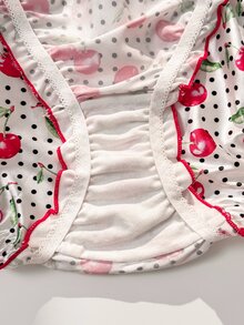 PetitDoll Red Satin Kawaii Cute Coquette Babydoll Lolita Frill Trim All-Over Cherry Print Romantic Plus Size Panties - Red - View 6