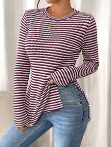 SHEIN Frenchy 女款休閒條紋側開衩T恤，秋季 - 酒紅色 - 查看 4