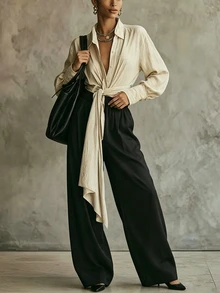 SHEIN Conjunto Feminino Casual Minimalista de 2 Peças para Trabalho, Rua e Dia a Dia, Top Damasco com Abertura Frontal de Botões, Design de Cintura com Amarração, Manga Longa, Top Curta, Calça Preta Perna Larga com Cintura Elástica, Estilo Versátil e Combinável, Tecido Confortável, Design Exclusivo, para Primavera, Outono, Inverno, Festival da Primavera, Feriados, Passeios, Viagens, Encontros com Amigas, Casa, Compras, Lazer e Mais - Multicolorido - Visão 3