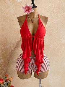 Soleia Bohemian Crochet Beach Shorts, Festival Style High Waist Woven Summer Vacation Casual Beach Pants, Mini Hot Pants Plus Women's Vacation Solid Color Asymmetric Hem Sexy Camisole Top Summer - Red - View 12