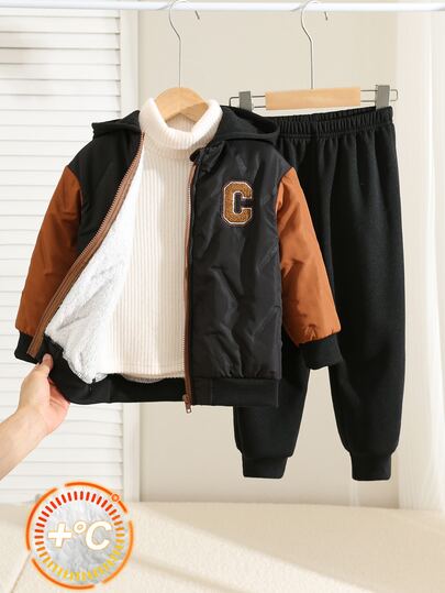 SHEIN Kids 2pcs Young Boy Casual College Patchwork Contrast Color Hooded Open Front Thick Jacket Set, Suitable For Autumn/Winter