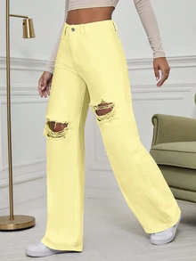 SHEIN EZwear Women's High Waist Pocket Distressed Wide Leg Casual Denim Jeans - Yellow - View 4
