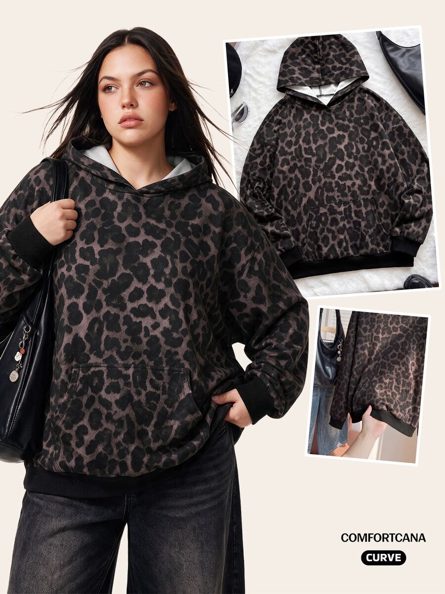 Comfortcana Plus Size Women Leopard Print Casual Daily Wear Hooded Sweatshirt - Brown - View 1