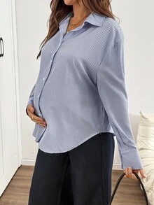 SHEIN Maternity Versatile Striped Single-Breasted Long Sleeve Shirt Fall - Navy Blue - View 4