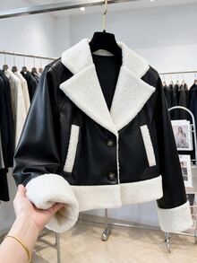 SHEIN Streecool 青少年女孩夾克 秋季服飾 街頭休閒時尚 純色翻領長袖拉鍊 PU 機車夾克 標準厚度 - 黑色 - 查看 4