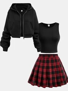 SHEIN Girlism Moletom com Zíper Preto para Adolescentes, Colete de Tricô Solto, Saia Plissada Xadrez Vermelha e Preta, Conjunto de 3 Peças Casual para Escola - Multicolorido - Visão 13